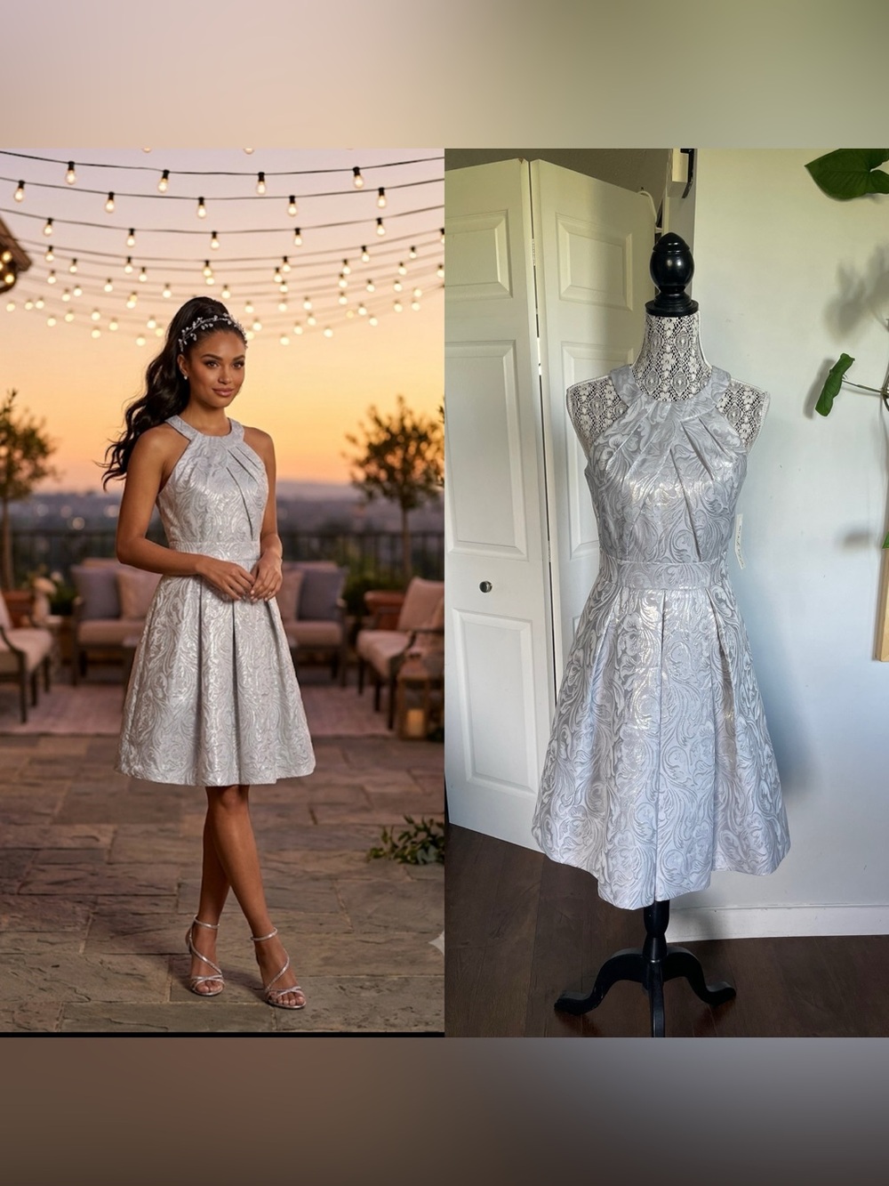 NWT Eliza J Silver Jacquard Halter Fit & Flare Midi Party Dress. Pockets! Sz 8.